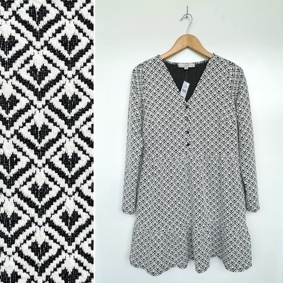 LOFT Ann Taylor Jacquard Mini Dress Flounce Swing Long Sleeve V-Neck Ruffle Hem - Picture 11 of 11